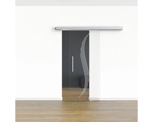 Glasschiebetür mit Wellenmuster vor Wand