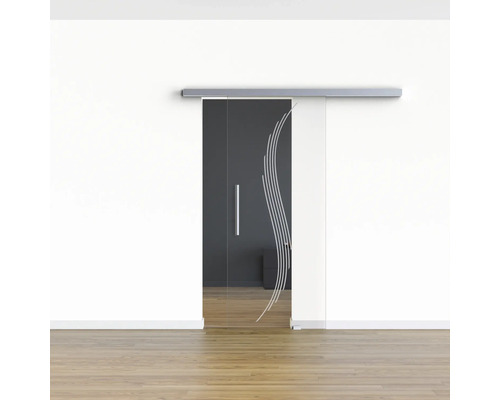 Glasschiebetür mit horizontaler Schiene und Wellenmuster