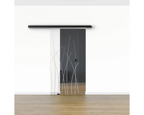 Schiebetür aus Glas mit Dekor vor weißer Wand