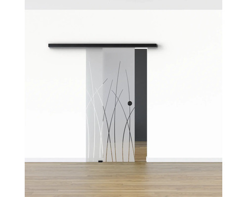 Schiebetür aus Glas mit Gräser-Dekor vor weißer Wand