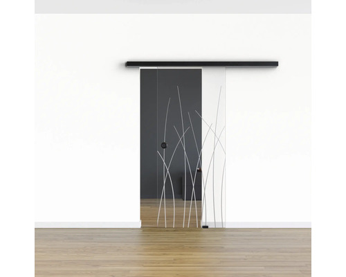 Glasschiebetür mit Pflanzenmotiv vor einer Wand