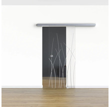 Glasschiebetür mit Gräserdesign vor weißer Wand
