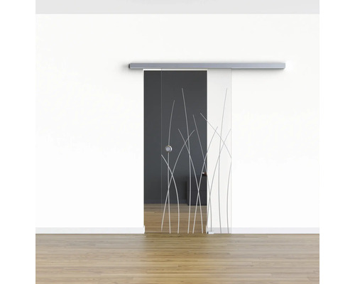 Glasschiebetür mit Gräserdesign vor weißer Wand