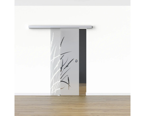 Porte coulissante en verre avec motif d''herbes devant un mur blanc