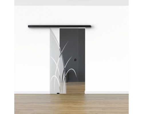 Schiebetür aus Glas mit Gräserdesign vor einer Wand