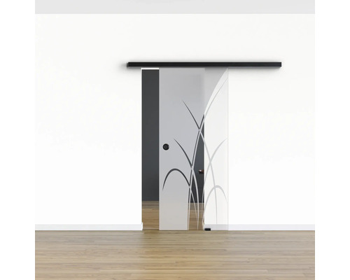 Schiebetür aus Glas mit floralem Design und schwarzer Schiene für den Innenbereich.