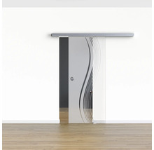 Porte coulissante en verre avec suspension horizontale dans une pièce.