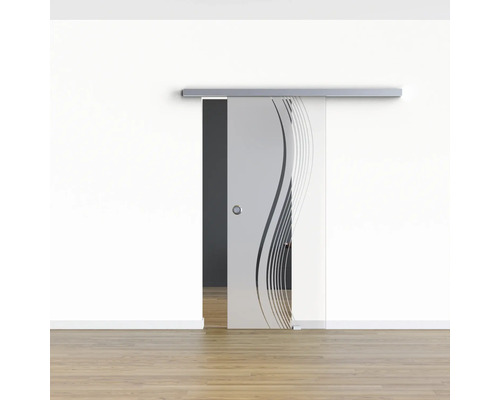 Porte coulissante en verre avec suspension horizontale dans une pièce.