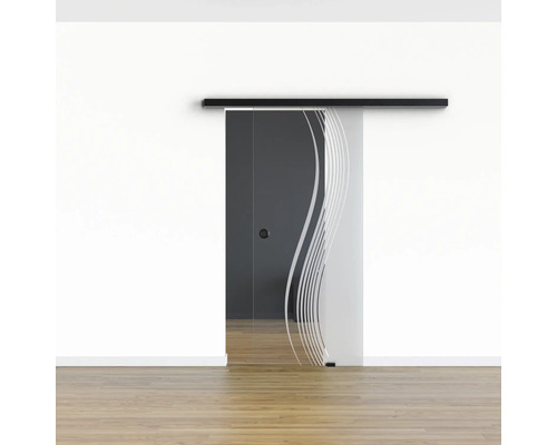 Schiebetür aus Glas mit Dekorelementen und Griff