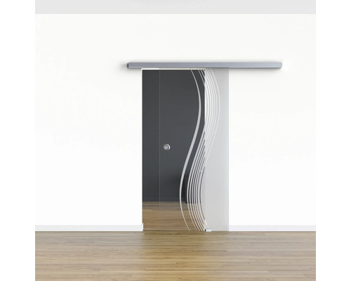 Porte coulissante en verre avec décor ondulé dans la pièce.