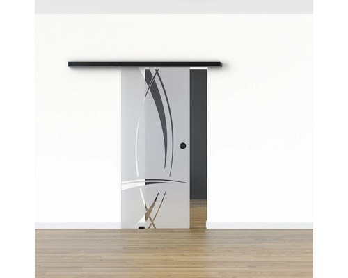 Schiebetür aus Glas mit schwarzer Schiene und abstraktem Design