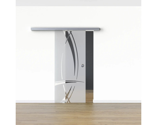 Schiebetür aus Glas mit Dekor vor einer weißen Wand