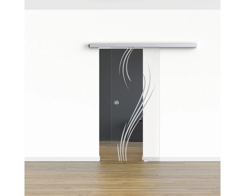 Glasschiebetür mit Dekor vor einer Wand