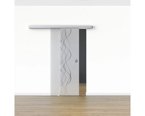 Porte coulissante en verre avec motif ondulé devant un mur blanc