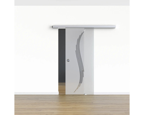 Schiebetür aus Glas mit Wellenmuster vor weißer Wand