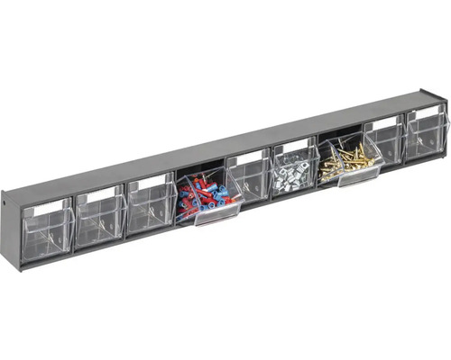 Schraubenregal mit acht transparenten Fächern für Schrauben, Dübel und andere Kleinteile.