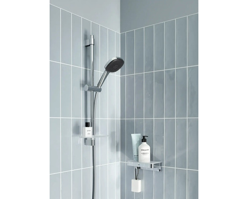 Duschstange mit Handbrause und Ablage im Badezimmer mit Fliesen