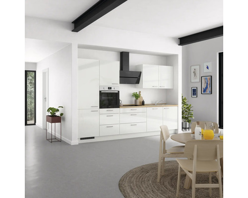 Bloc cuisine complète NOBILIA Modern 330 cm façade blanche à haute brillance, corps blanc variante à gauche monté