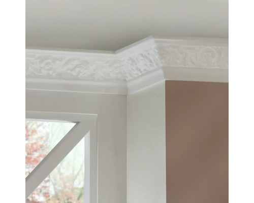 Zimmerdecke mit Zierleisten und Fensterrahmen