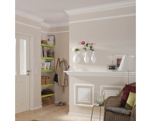 Fluransicht mit Stuckprofilen an Wand und Decke, Eckregal, Tür und Dekoartikeln