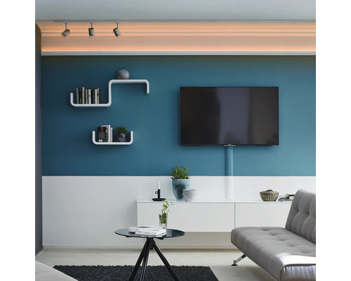 Salon avec téléviseur, étagères, commode et canapé