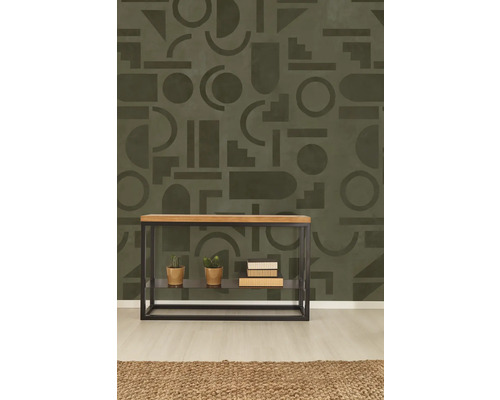 Salon décoratif avec console, plantes d''intérieur et papier peint graphique