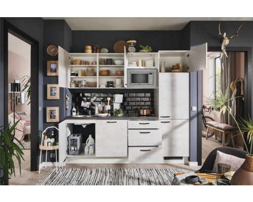 Küche mit Küchenschränken, Spüle, Mikrowelle und Dekoration in einem modernen Wohnraum