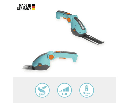 Gardena Akku Strauchschere Set mit LED Anzeige und dem Hinweis Made in Germany.