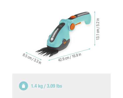 Gardena Akku-Grasschere mit Abmessungen