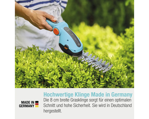 Gardena Akku Grasschere im Einsatz zum Schneiden von Büschen