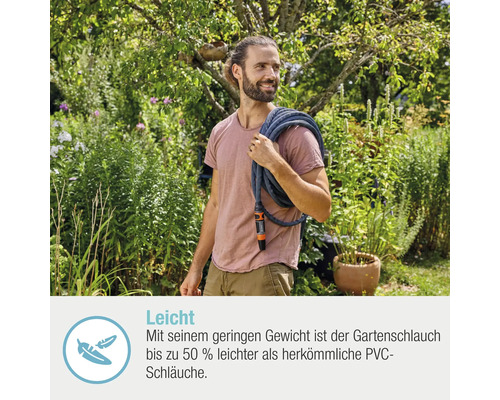 Homme avec tuyau d''arrosage textile flexible dans le jardin