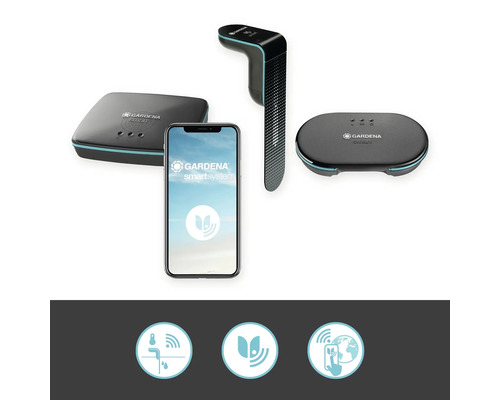 Système intelligent Gardena avec capteur, passerelle et smartphone pour la gestion du jardin