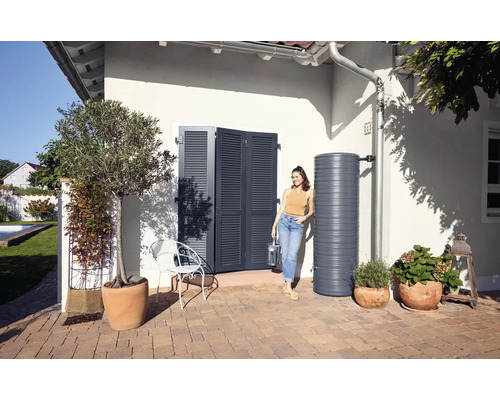 Scène de jardin avec récupérateur d''eau de pluie, porte d''entrée avec volets et femme avec arrosoir