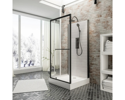 Modernes Badezimmer mit Duschkabine mit schwarzem Rahmen, weißer Duschwanne und Kopfbrause.