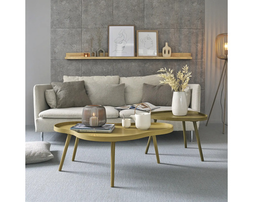 Salon avec canapé, tables basses et décoration