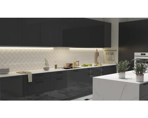 Cuisine moderne avec armoires grises, plan de travail blanc et carrelage à chevrons