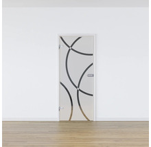 Porte en verre avec motif circulaire dans une pièce lumineuse.