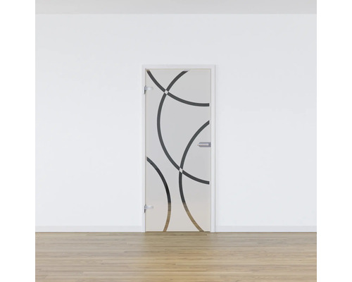 Porte en verre avec motif circulaire dans une pièce lumineuse.