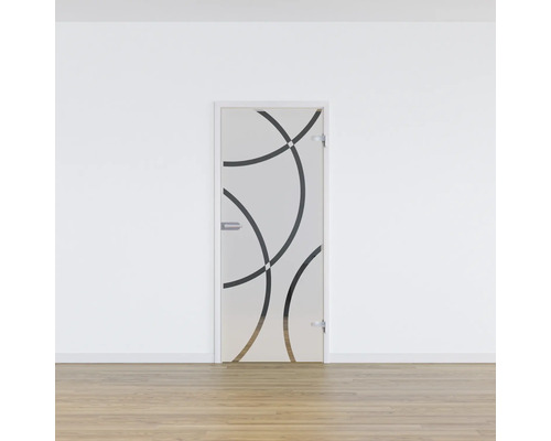 Glastür mit kreisförmigem Dekor in einem hellen Raum