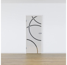 Porte en verre avec motif circulaire dans une pièce lumineuse.