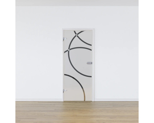 Porte en verre avec motif circulaire dans une pièce lumineuse.