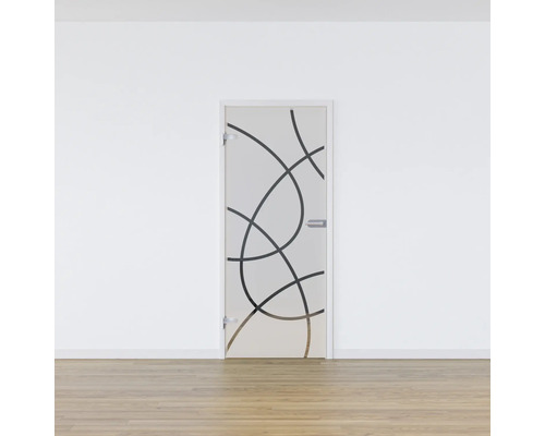 Porte en verre avec motif de lignes abstraites dans une pièce lumineuse