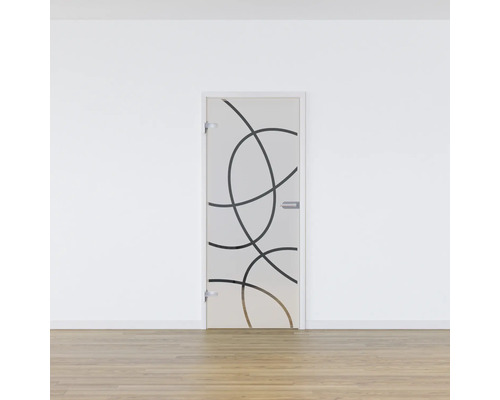 Porte en verre avec motif circulaire abstrait dans une pièce lumineuse.