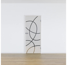 Porte en verre avec motif circulaire et cadre blanc dans une pièce lumineuse.
