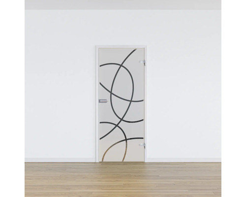 Porte en verre avec motif circulaire et cadre blanc dans une pièce lumineuse.