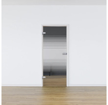 Porte intérieure en verre avec des rayures horizontales dans une pièce lumineuse.