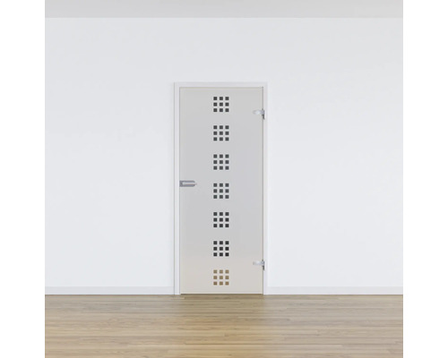 Zimmertür mit quadratischen Ausschnitten in einer hellen, minimalistischen Umgebung