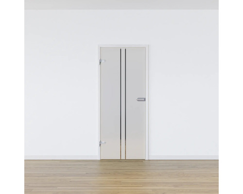 Porte intérieure avec deux baguettes décoratives et une poignée de porte dans une pièce lumineuse.