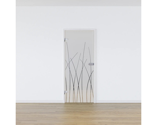 Porte en verre avec motif d''herbe dans une pièce lumineuse
