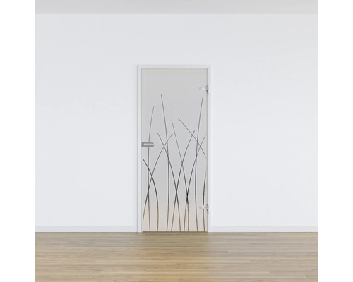Porte en verre avec motif d''herbes devant un mur blanc